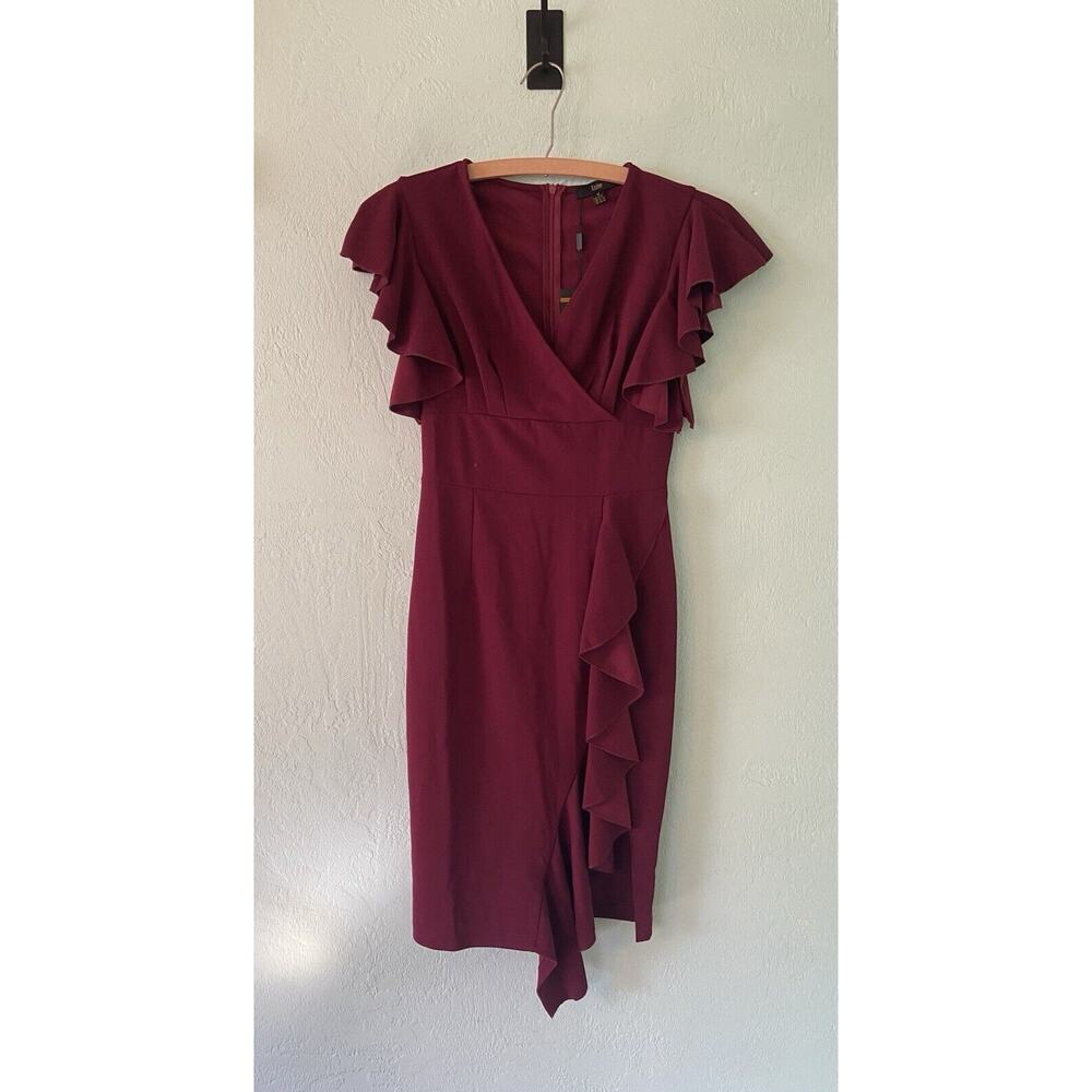Knitee Womens Dress Medium Wine Short Ruffle Sleeve Stretchy Deep V Neck Slit